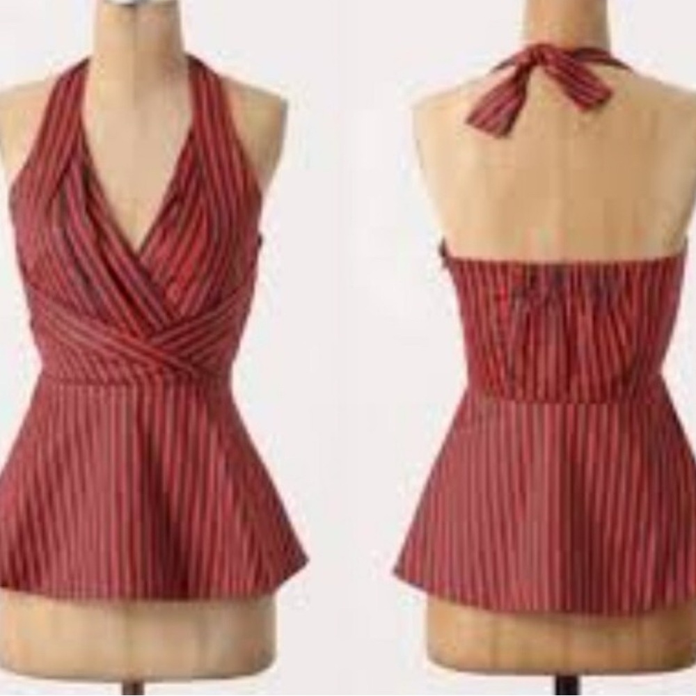 Anthropologie Red and Black Striped Halter Peplum Top